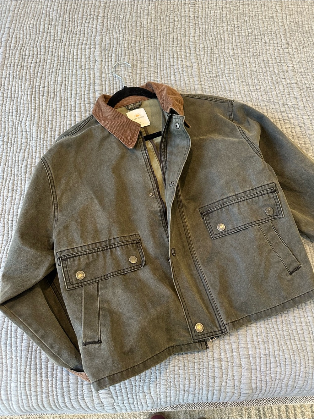 Waxed Cotton Jacket with Brown Corduroy Collar - Olive - Picture 7 of 9